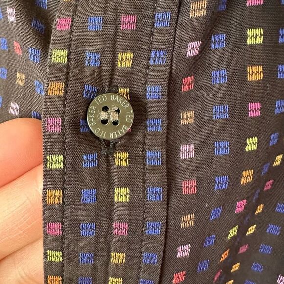 Ted Baker Men’s Multi Colored Small Square Black Long Sleeve Button Down - Picture 4 of 9